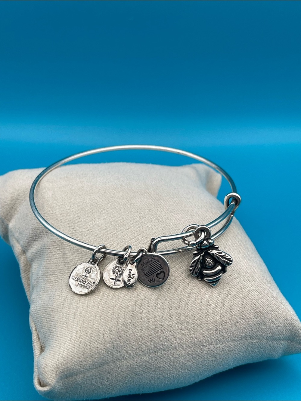 Alex and Ani Silver Bee Charm Bangle with Disc Charms